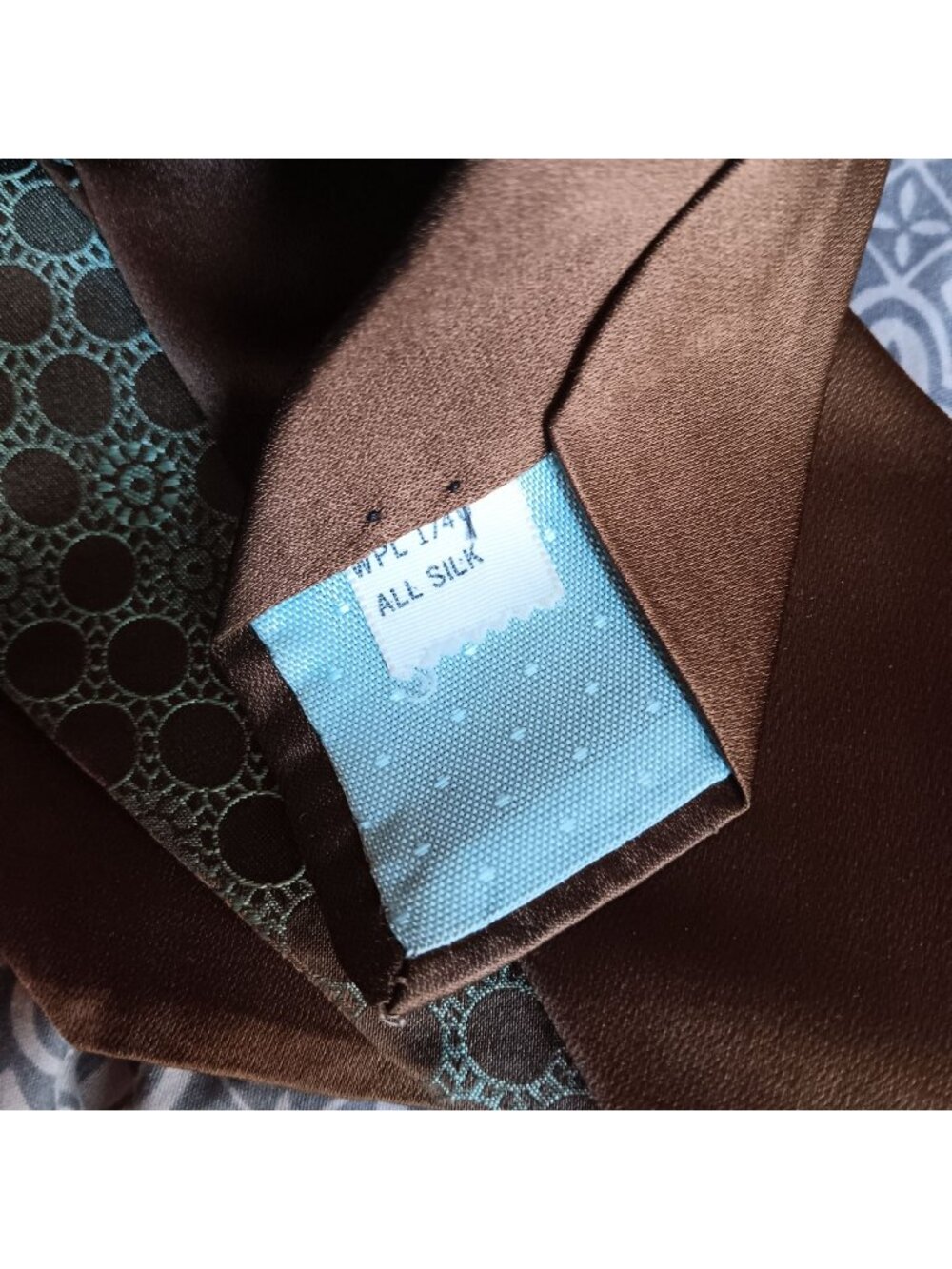 Vintage Necktie Silk Brown Tie Teal Circle Pattern All Silk Mens 58" 3.5" wide